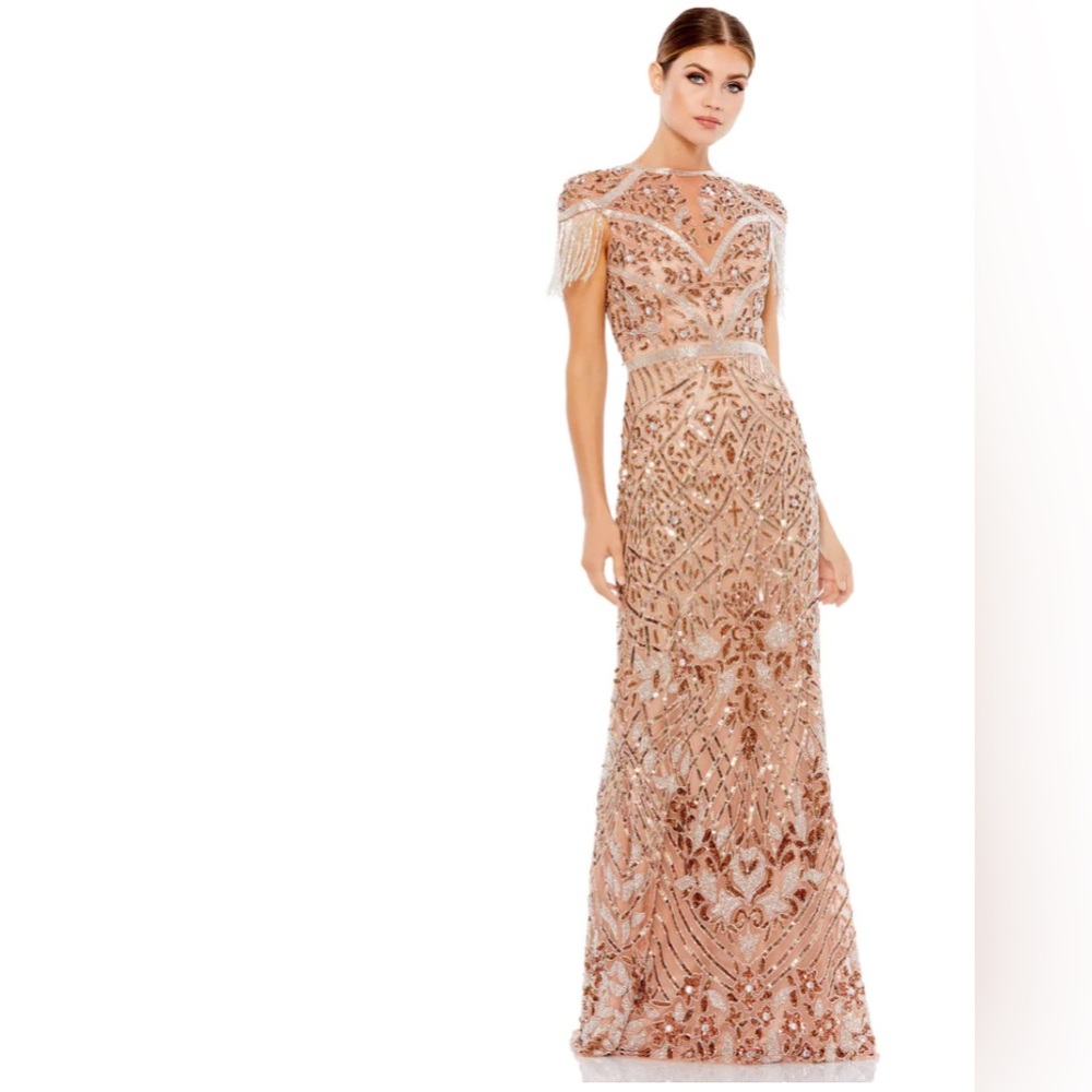 Mac Duggal Rose Gold Sequin Fringe Maxi Dress